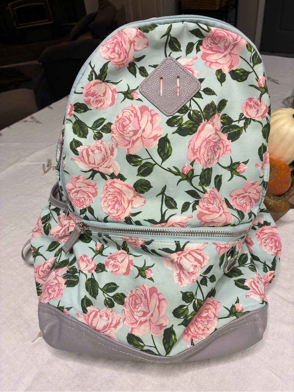 Floral Print full size Backpack - Pink Rose on Mint
